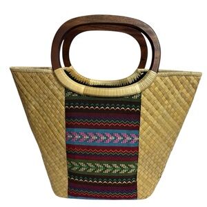 Handwoven Straw &‎ Fabric Tote with Wooden Handles